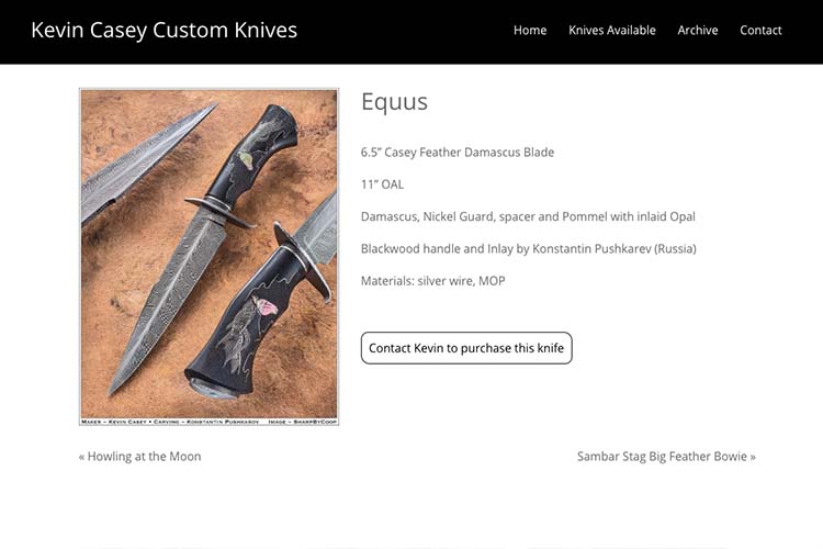 web design for a custom knife-maker - single knife page