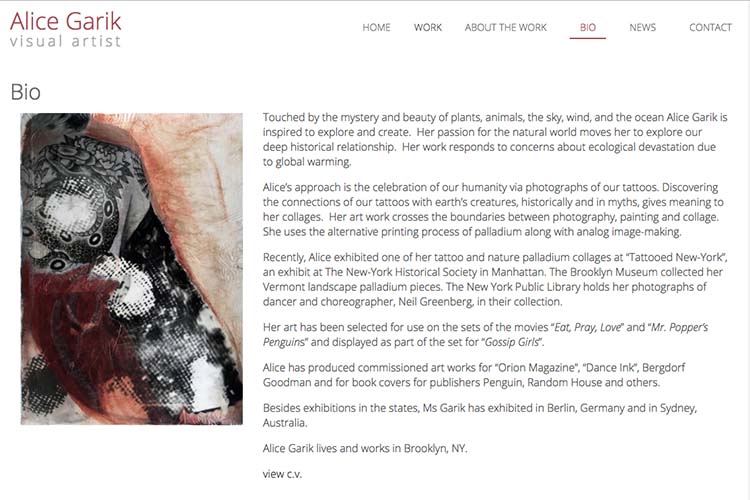web design for a visual artist working with tattoo imagery - bio page