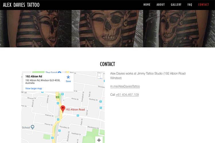 web design for a black and grey realism tattoo artist - contact page