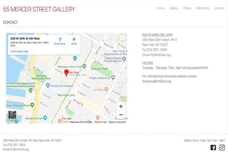 web design for an art gallery in New York - contact page
