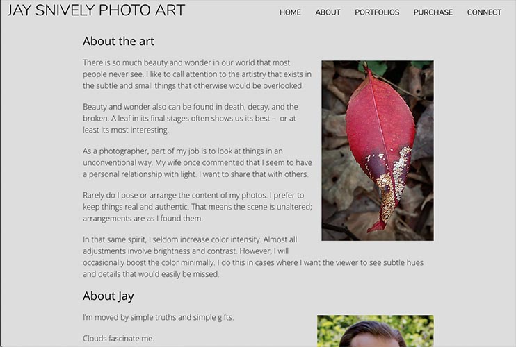 web design for a photographer - about page