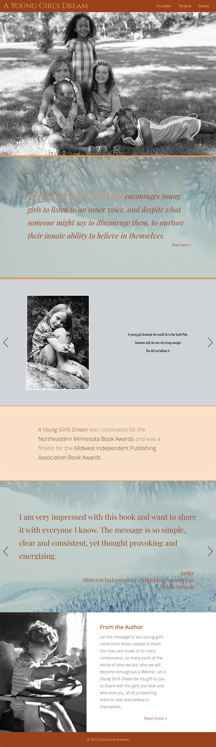 Web design for an author. The long-scrolling homepage features the cover image from the book, a description of the book's purpose, a carousel of page-spreads from the book, awards, reviews and a short bio of the author. The design reflects the design of the book itself.