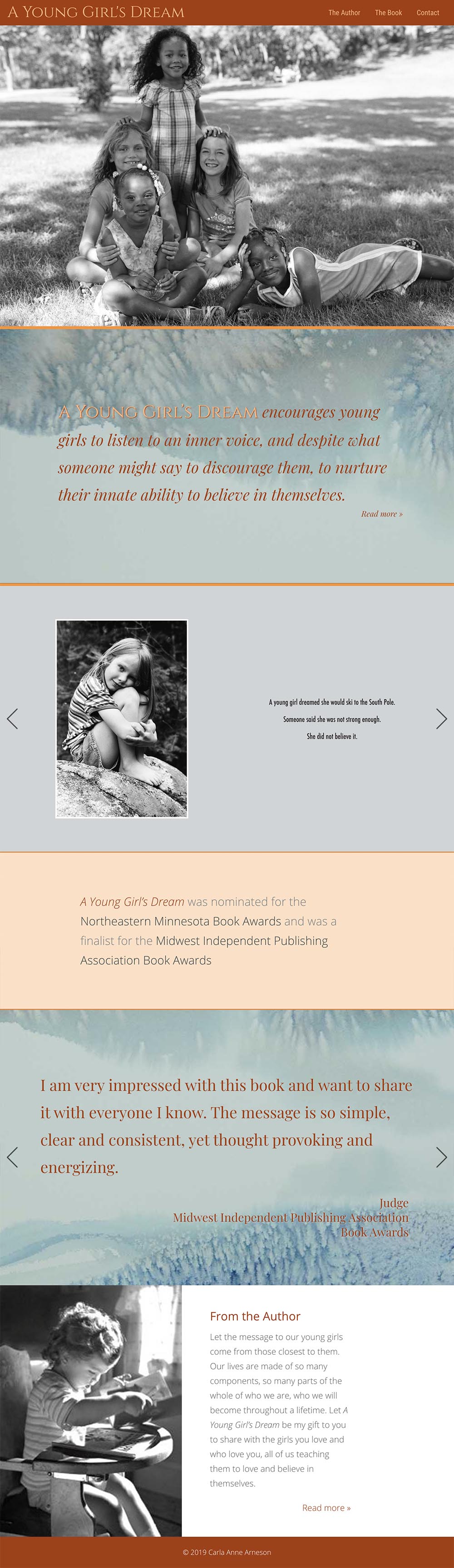 website design for authors - This website was designed to promote and sell a new book of photographs and stories to encourage the aspirations and dreams of young girls. 																																																				 - long-scrolling page with rich visual sections to help a user find what they are looking for.