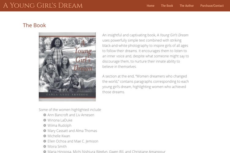 web design for a book about a young girl's dream - book page