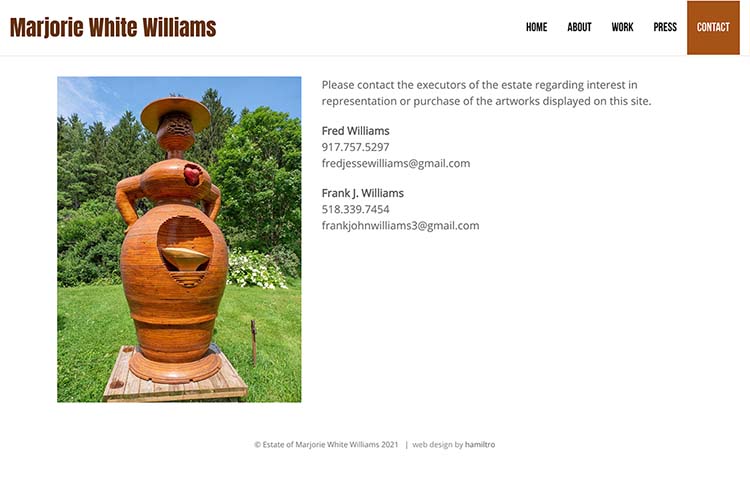 website design for a sculptor - contact page
