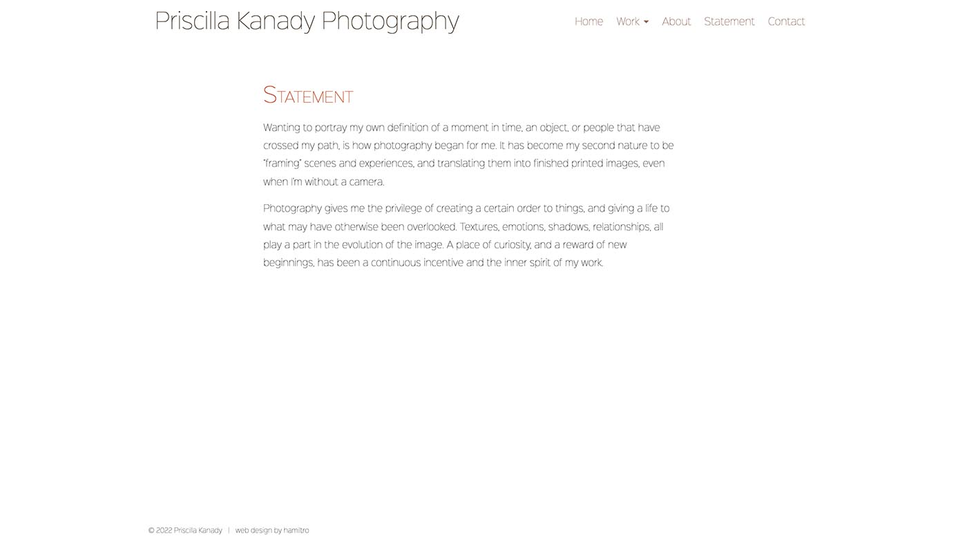 website design for a photographer - statement page