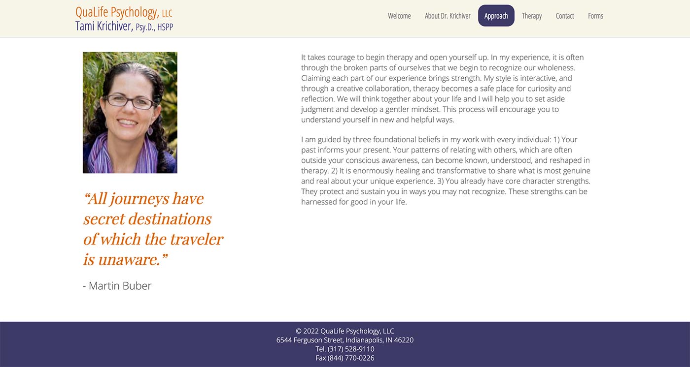 website design for a therapist - approach page