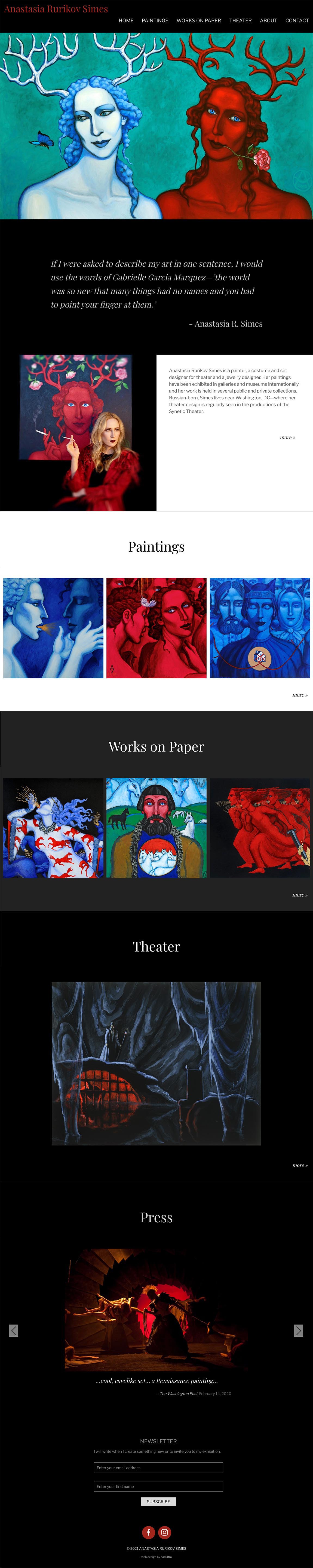 website design for artists-galleries - A bold and dramatic website for a bold and dramatic artist and set designer. A long-scrolling homepage introduces this multi-talented artist and her work.																																									 - long-scrolling page with rich visual sections to help a user find what they are looking for.