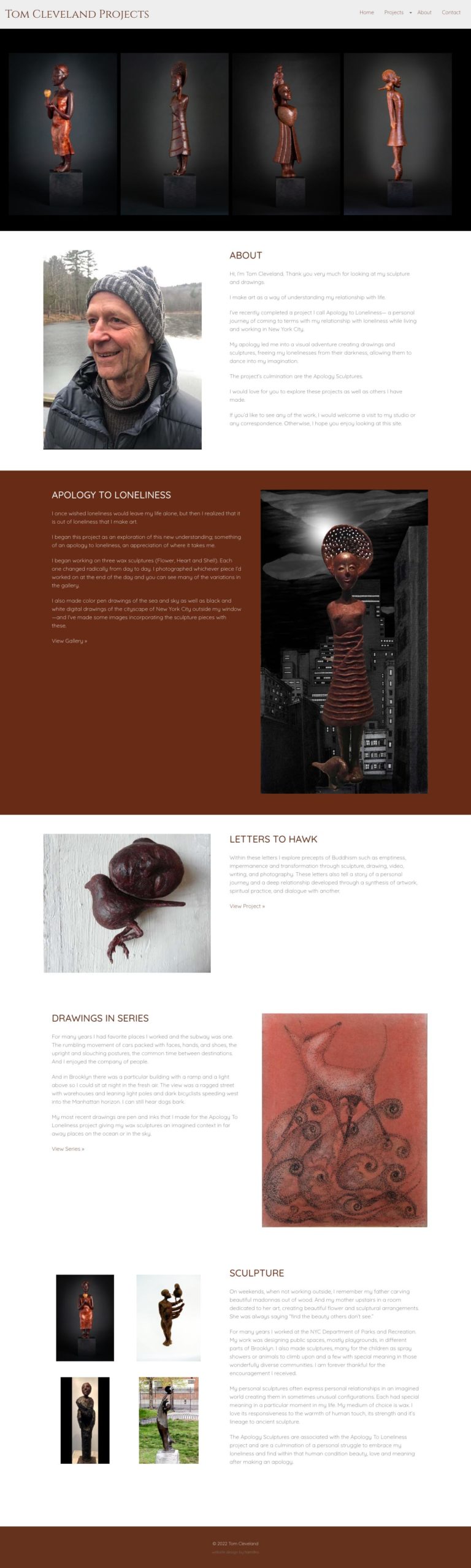 Website design for a New York artist. Teh long-scrolling homepage features four of the artis's sculpture in the banner section, followed by an introduction tot he artist (image + description), then a sections on special art projects and series.