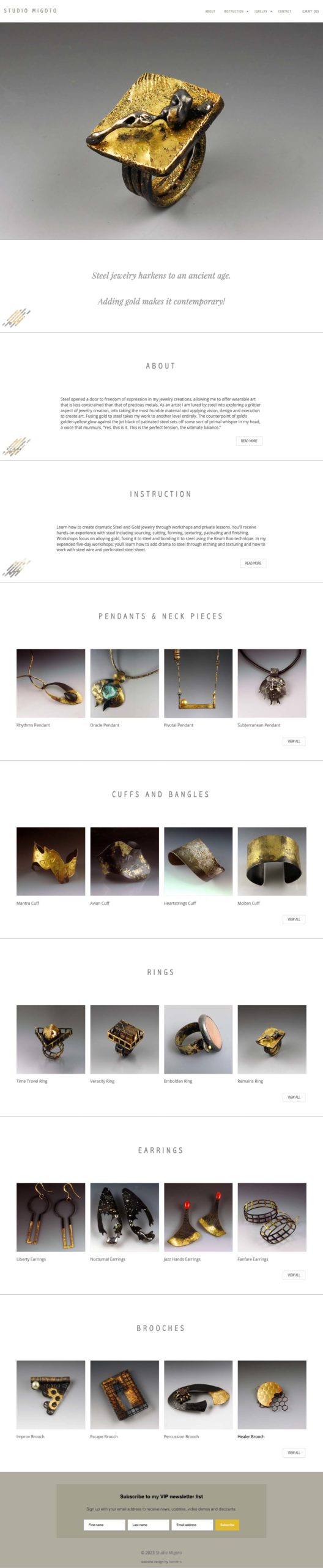 E-commerce website design for a jeweler in California. The long-scrolling homepage features a hero image, a branding statement, a section introducing the jeweler, a section introducing classes offered, five sections with four thumbnails each for each of the five categories of jewelry, and a newsletter sign-up form in the footer.