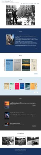 Website design for a scholar and author in California. The long-scrolling homepage provides images and descriptions to all the major sections of the website—which include biography, photography, books, articles and film.