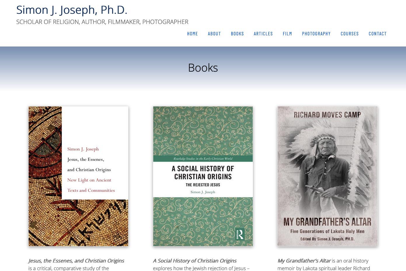 Bespoke website design for a scholar and author - Simon J. Joseph (academic, author, filmmaker and photographer)