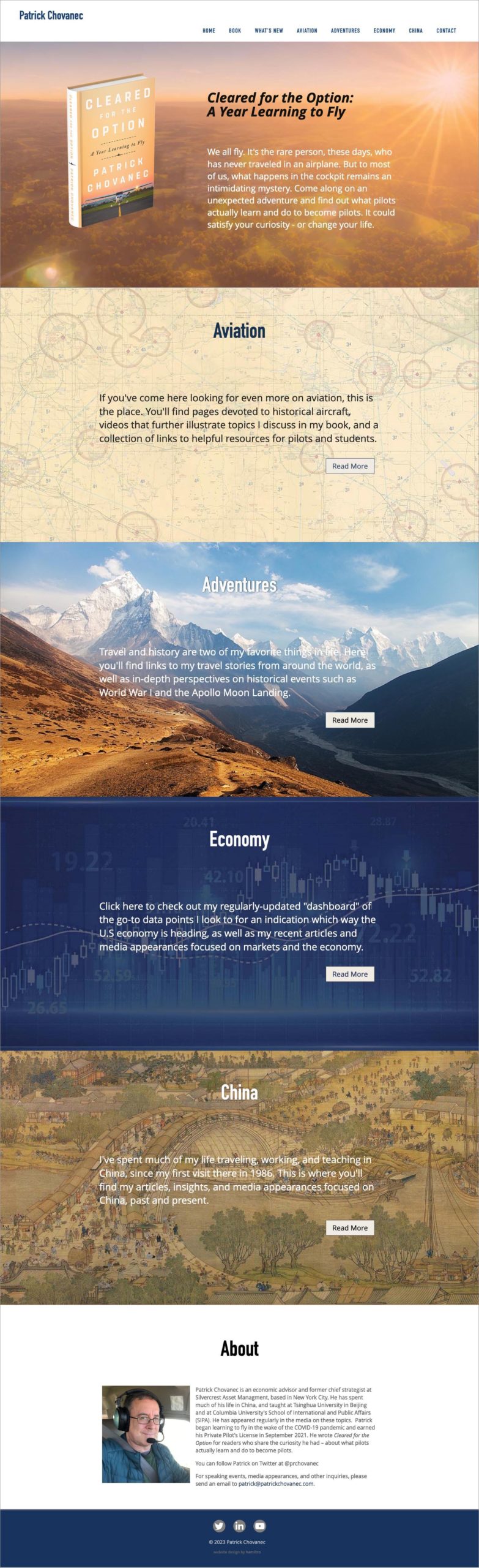 Website design for an economic advisor and author in New York. The long-scrolling homepage opens with a section promoting the author's new book and is followed by sections introducing the author's interests in aviation, adventures, economy and China. Each of these sections features a rich background image.