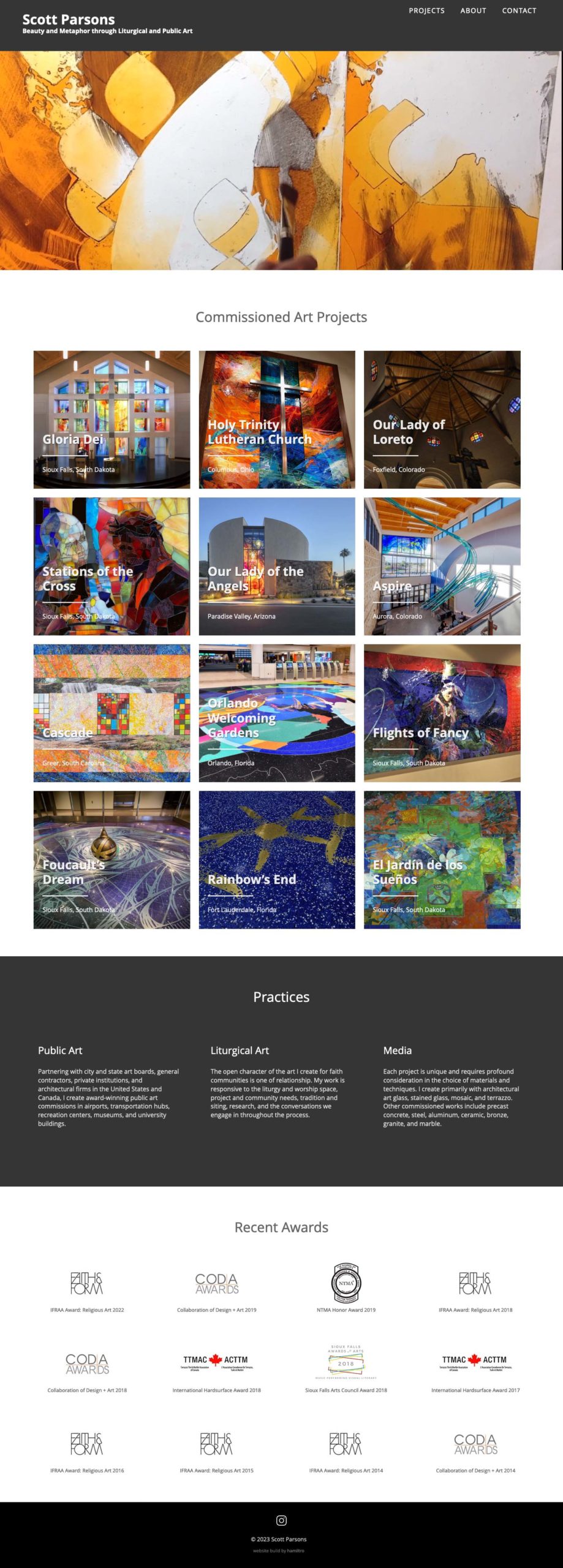 Website design for a stained glass artist in South Dakota. The long-scrolling homepage features a short full-cover video in the banner area, showing the process of creating a work of stained glass. Following sections provides thumbnail links to projects, descriptions of the artist's practices and icons from recent awards received.