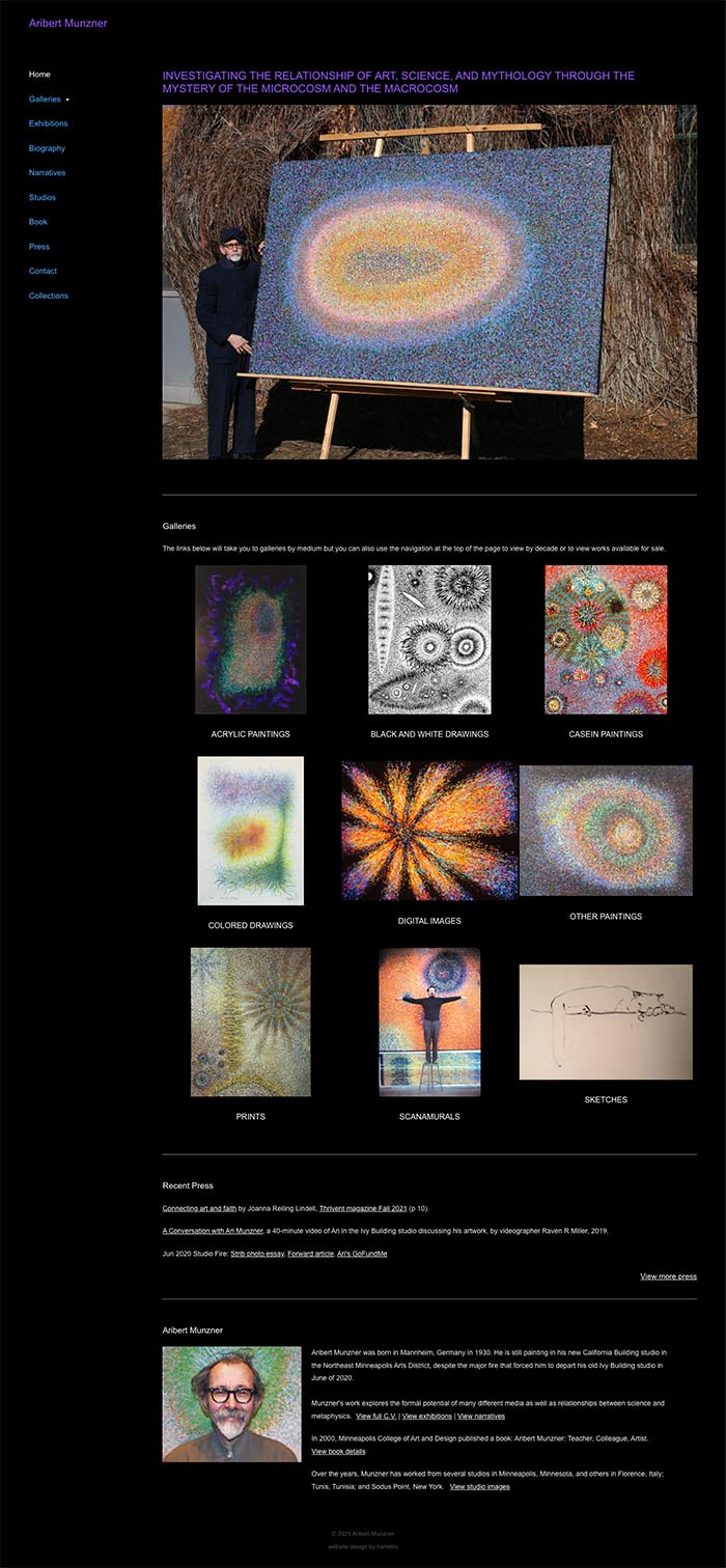 Website design for a mature artist in California. The long-scrolling homepage features an image of the artists with one of his large paintings at the top, then provides image-links to all the galleries of images in the website, followed by sections introducing the other content in the website. The menu and the homepage introductions offer multiple ways to view the artwork. offers multiple ways. This website also incorproates a private artist-archiving functionality which allows the artists to keep track of all details about every artwork and also to print catalogs for prospective buyers.