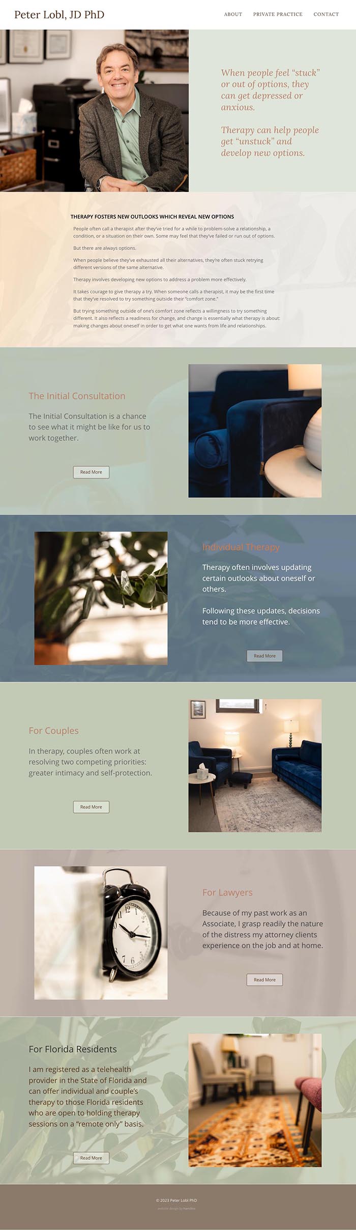 Website design for a therapist in New York. The long-scrolling homepage features sections that introduce the therapist and his work with large images one one side and texts on the other side (alternating sides from section to section). Each background has a rich but subtle background image. This therapist specializes in helping lawyers so one section is dedicated to his work with lawyers.