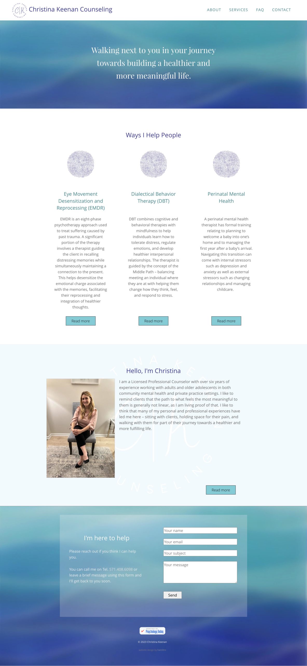 Website design for a counselor in Virginia. The long-scrolling homepage features a hero statement in the banner area, a section introducing the three services offered, a short biography of the counselor, and a contact form in the footer.