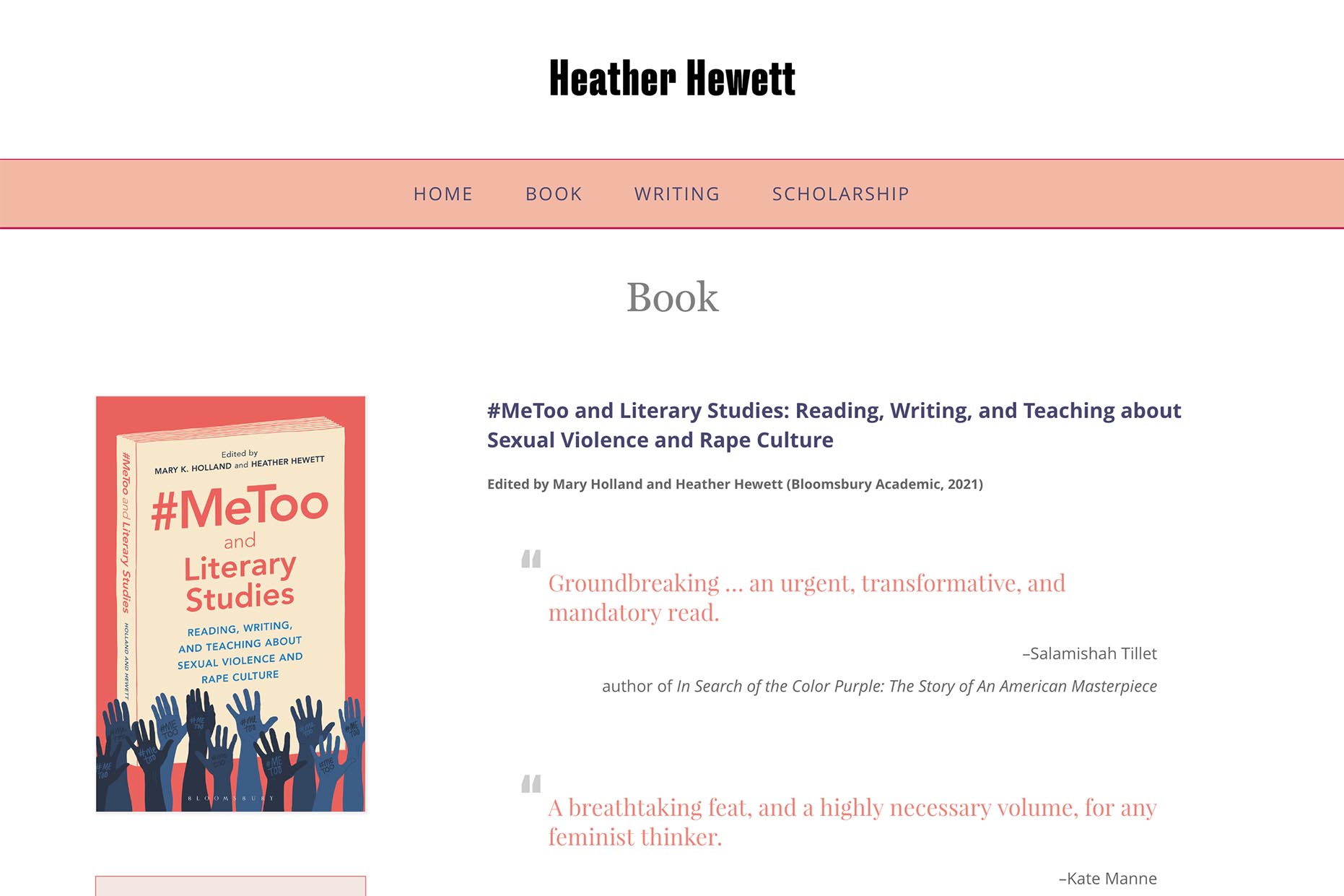 Bespoke website design for an academic, author and activist - Heather Hewett. The website design echoes elements from the author's published book cover.