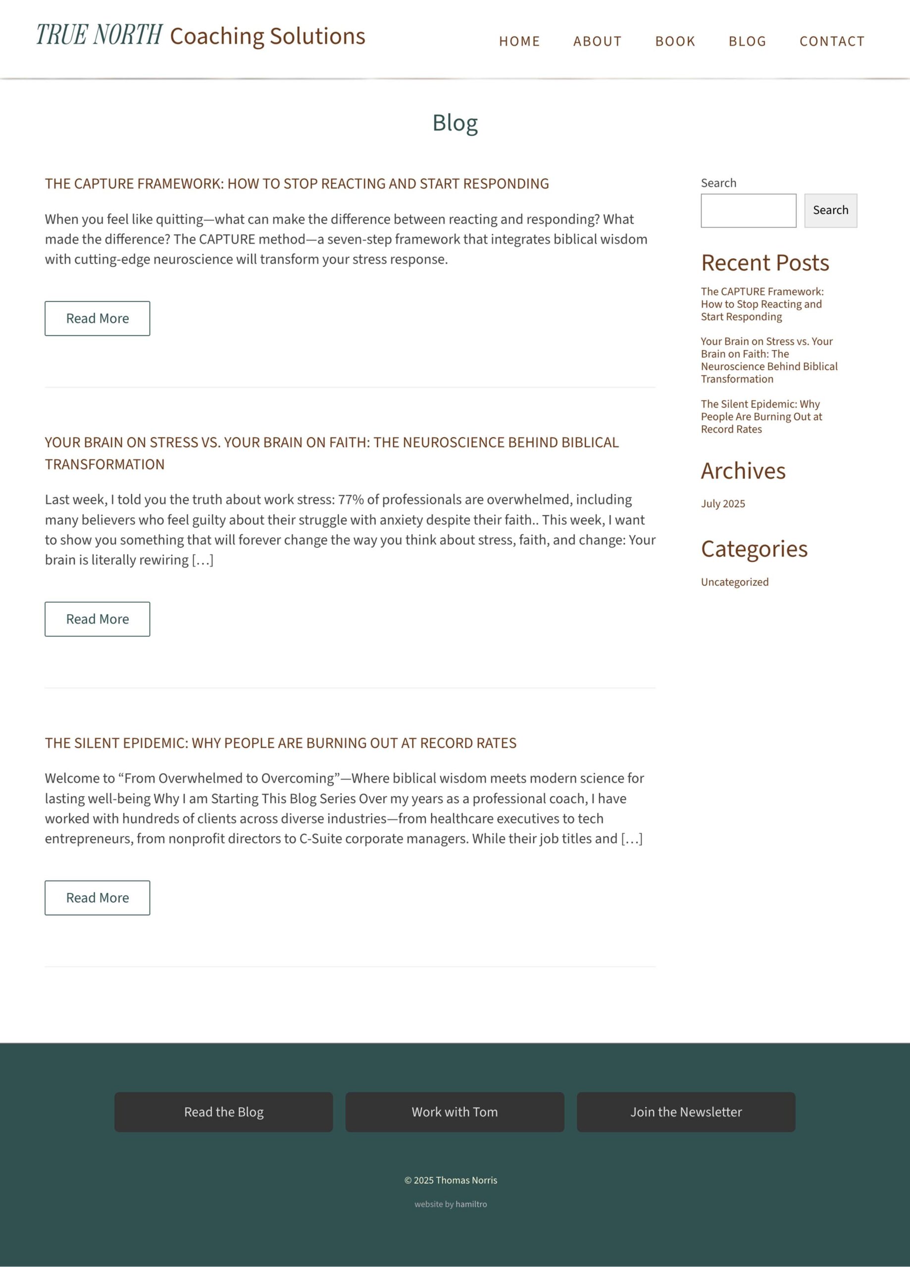 page layout for blog archive page for true north coaching solutions