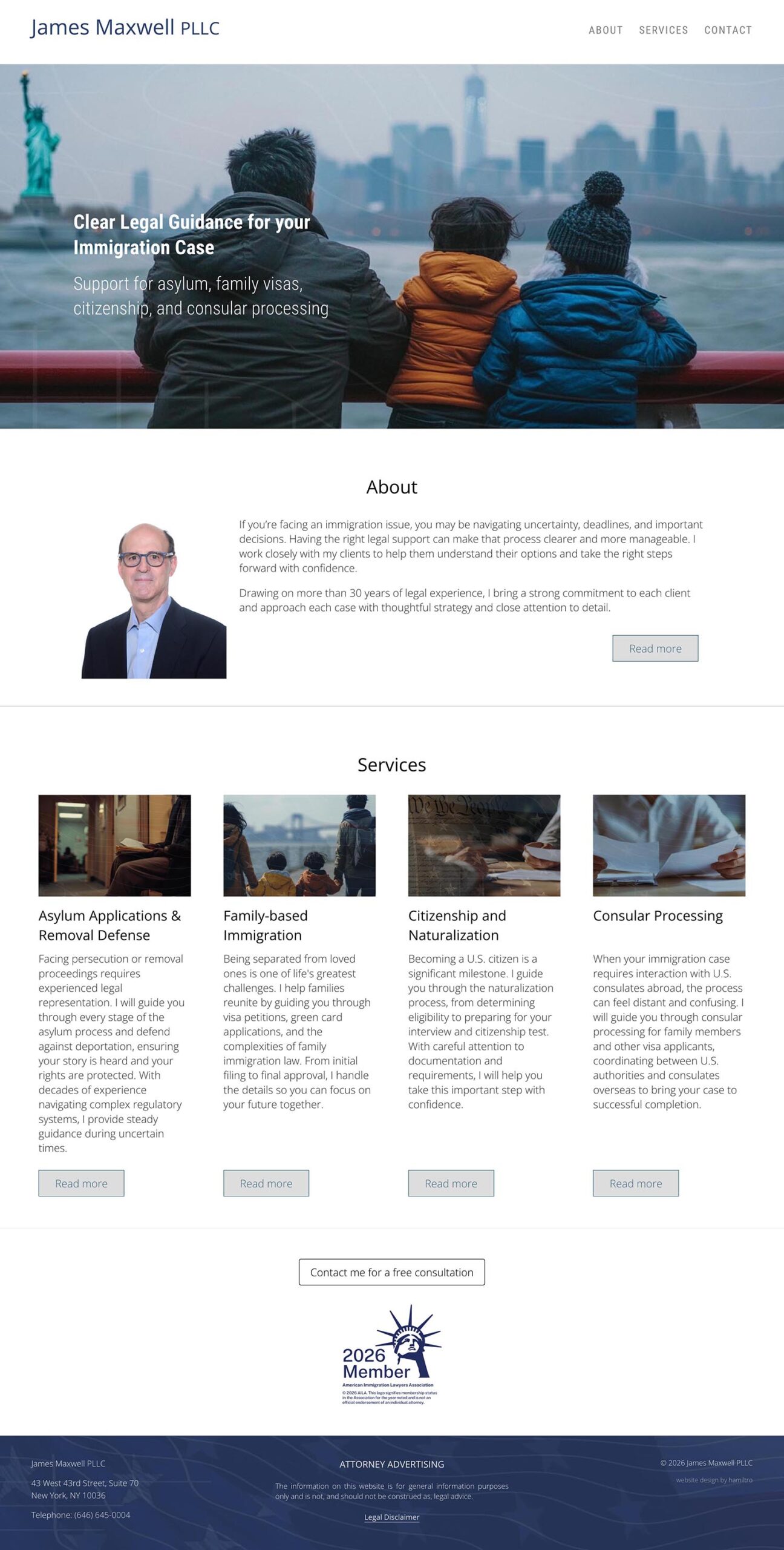 website design for lawyers-consultants-agents - Website design for a solo immigration attorney—four practice-area pages that answer a prospective client's questions before the first phone call.		 - long-scrolling page with rich visual sections to help a user find what they are looking for.
