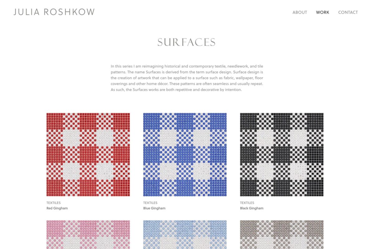 An art archive page for an artist's website featuring a description and a strict grid layout