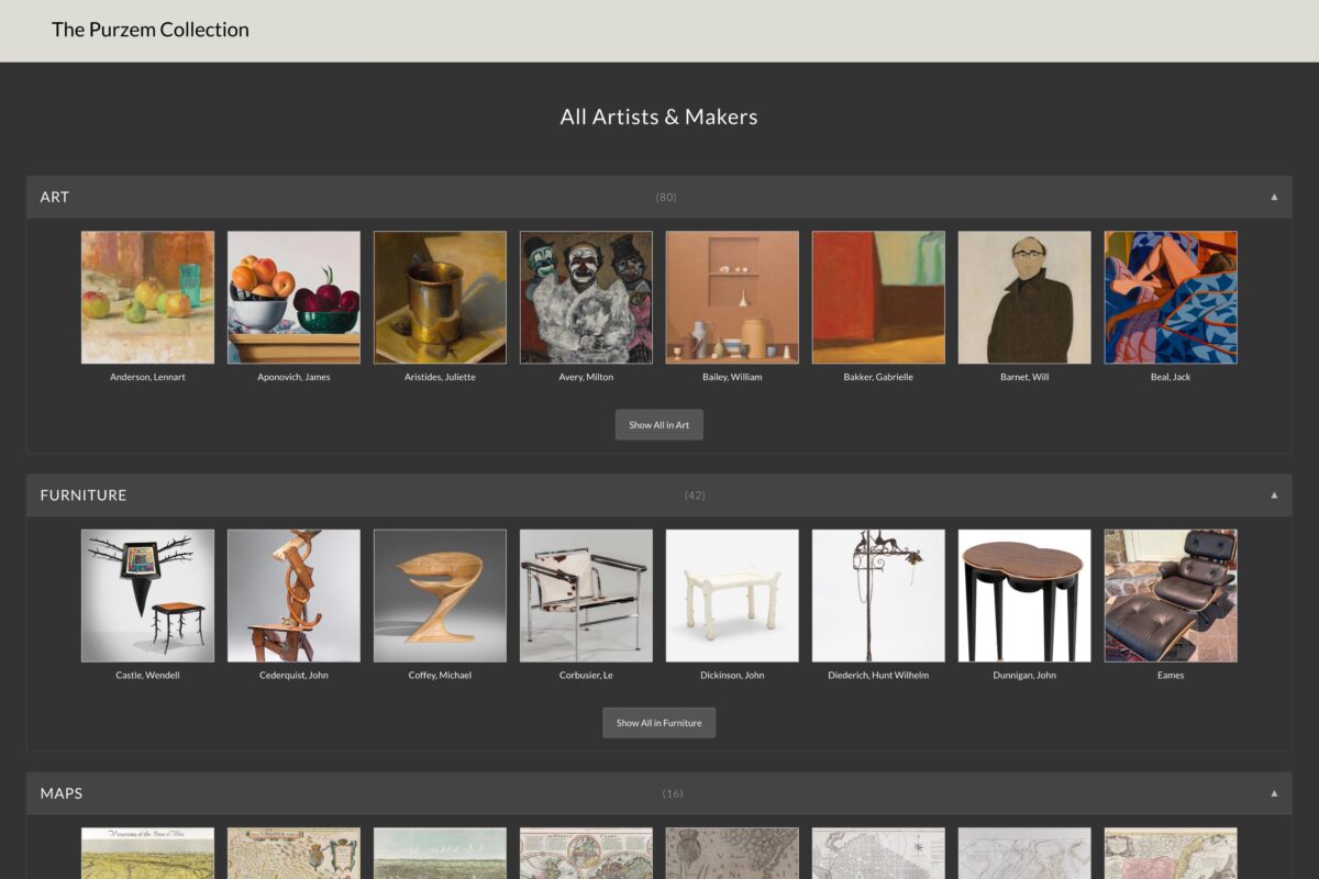 Art archive page for artists and makers in a collector's website